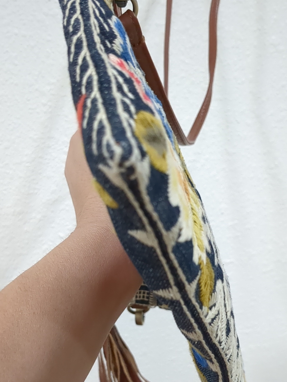 JOHNNY WAS Hand-Embroidered Floral Crossbody Bag with Tassel - Denim and Brown - Picture 7 of 12